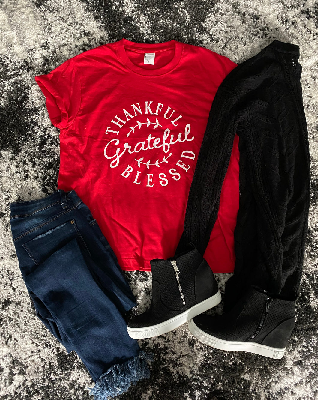 Red Grateful, Thankful, Blessed Tee